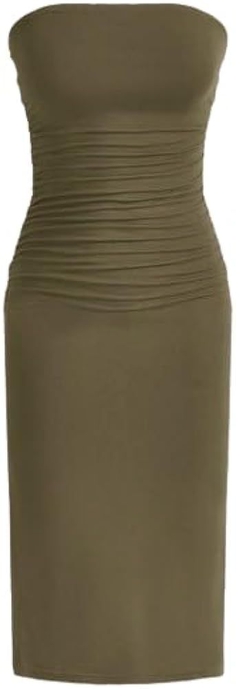 SOLY HUX Women's Split Thigh Tube Dress Ruched Strapless Slim Fit Midi Bodycon Dresses | Amazon (US)