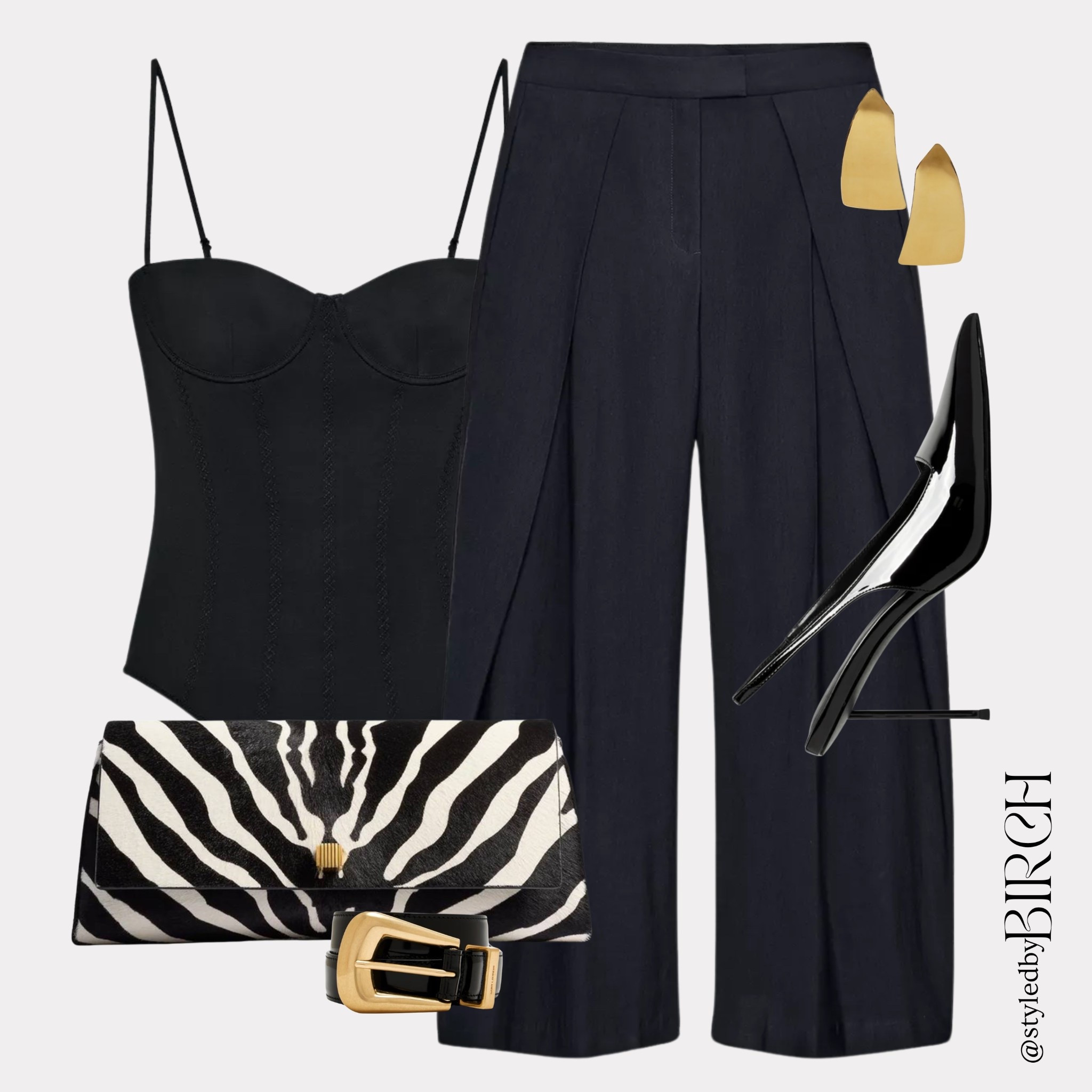 This outfit has dinner with the girls written all over it 🖤✨ What are your weekend plans? 🍸

Tags 🏷️
Black structured corset top, navy wide-leg tailored trousers, black patent pointed heels, zebra print clutch, statement gold earrings and a black belt with gold buckle.

#LTKstyletip #LTKfindsunder100 #LTKSeasonal