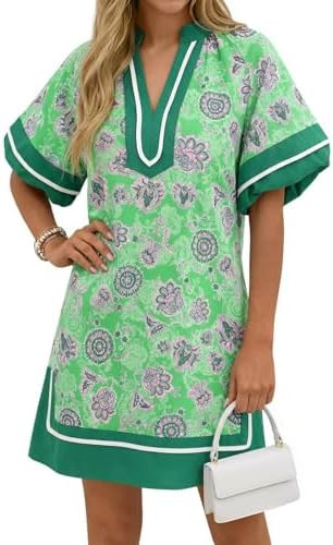 Wenrine Womens Summer Mini Dress Puff Sleeve Casual V Neck Floral Color Block Side Slit Loose Shi... | Amazon (US)