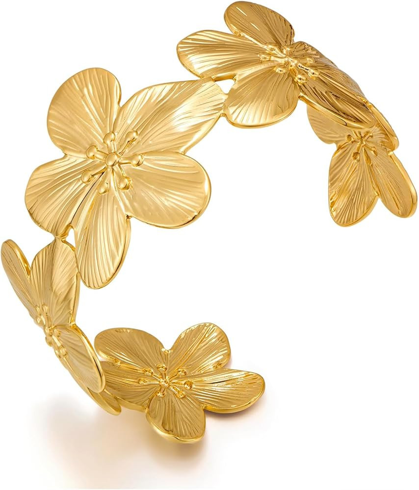 WOWORAMA Gold Flower Bracelets for Women Irregular Flower Cuff Bracelet Boho Vintage Gold Stateme... | Amazon (US)
