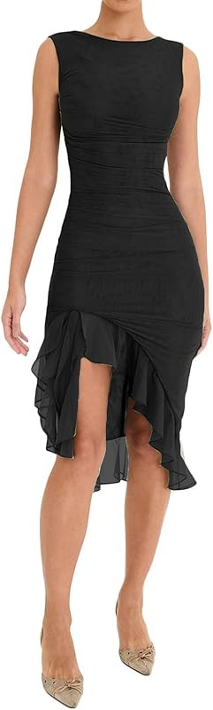 Chloefairy Women's Summer Midi Bodycon Sleeveless Backless Ruffle Hem Mermaid Cocktail Elegant Ta... | Amazon (US)