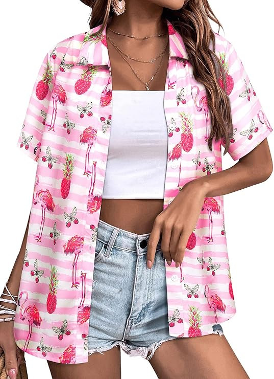 Womens Button Down Hawaiian Shirts Short Sleeve Floral Print Summer V Neck T-Shirt Casual Summer ... | Amazon (US)