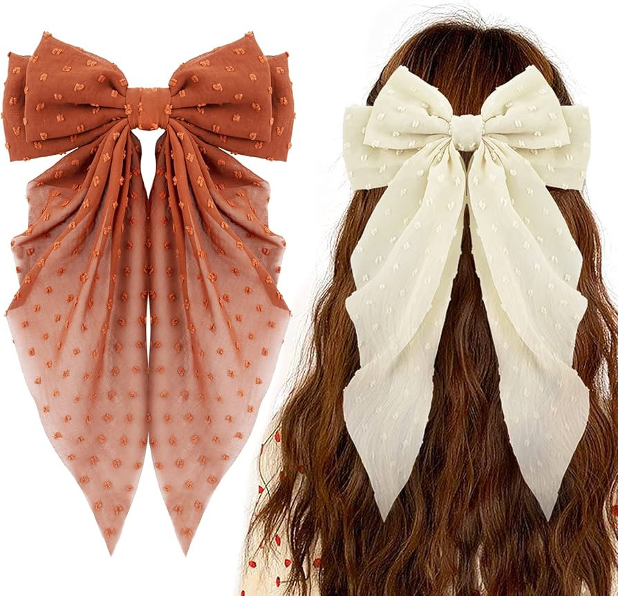 Big Bow Hair Clips 2pcs, Long Tail French Red Beige Bow Hair Barrette for Women Girl, Soft Bow Ha... | Amazon (US)