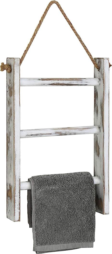MyGift 3-Tier Whitewashed Wood Wall-Hanging Towel Storage Ladder with Rope | Amazon (US)