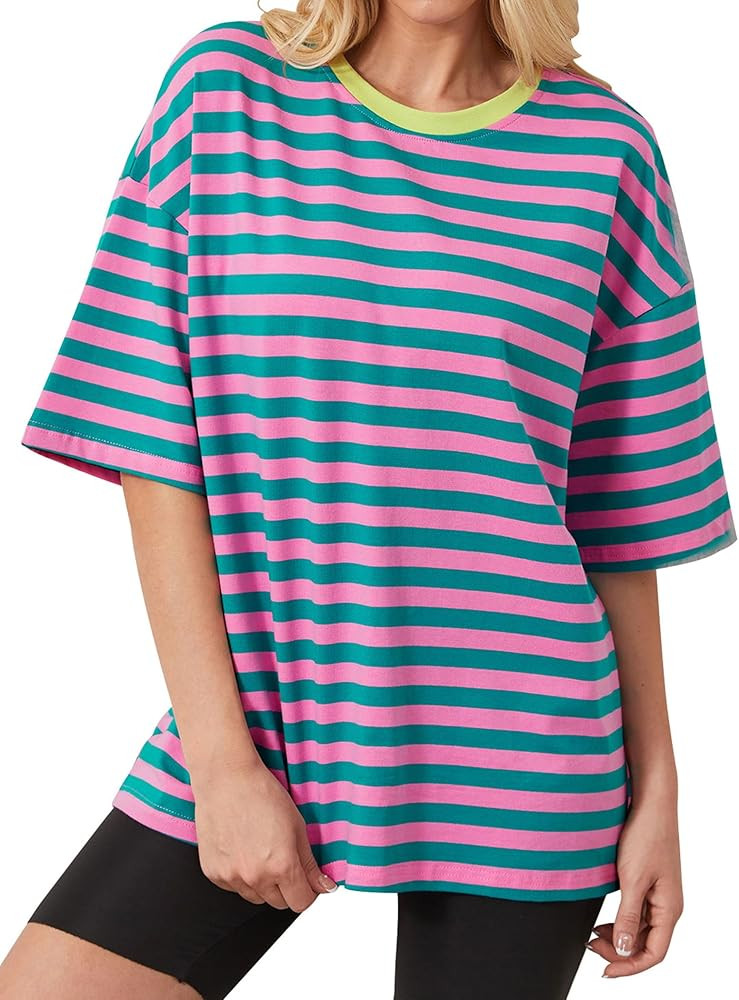 Women Oversized Striped Short Sleeve T-Shirts Color Block Crew Neck Basic Shirt Casual Loose Tops... | Amazon (US)