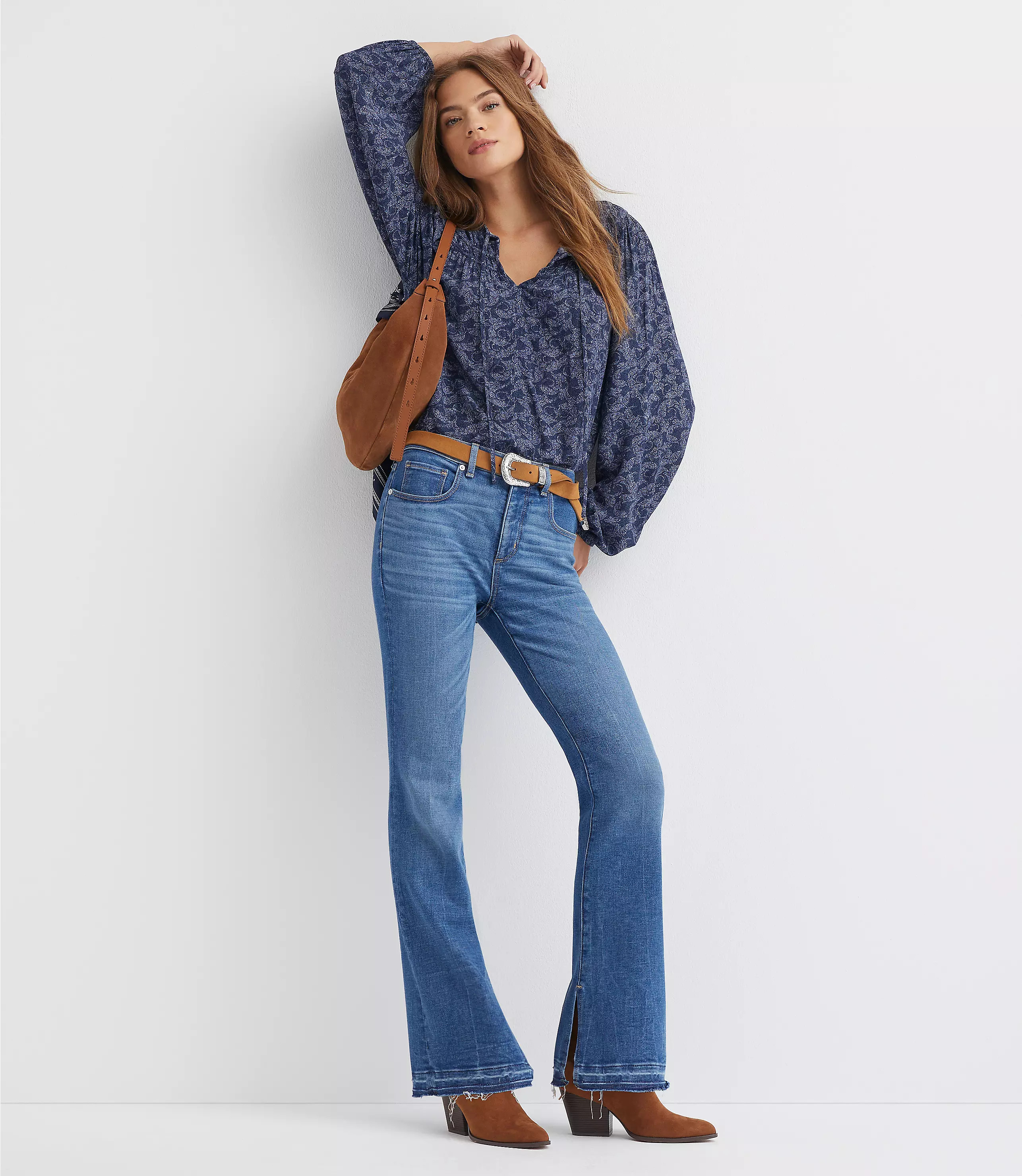 Split Unpicked Hem Mid Rise Boot Jeans in Bright Medium Stone Wash | LOFT