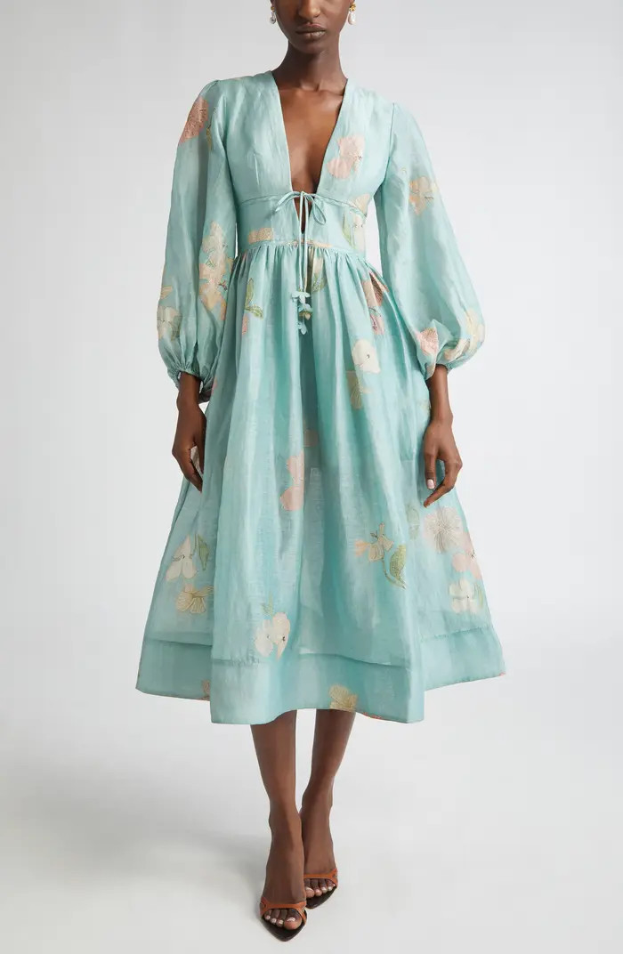 Zimmermann Drawn Metallic Floral Long Sleeve Linen & Silk Dress | Nordstrom | Nordstrom