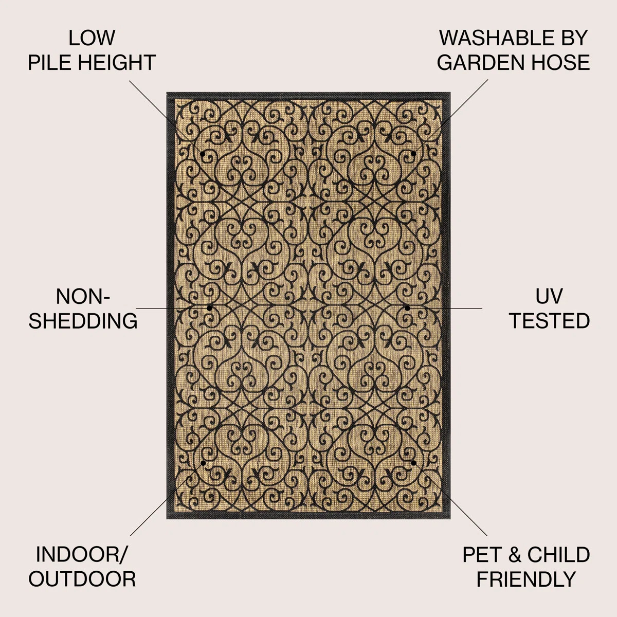 Haggerty Vintage Filigree Textured Weave Black/Khaki Indoor/Outdoor Rug | Wayfair North America