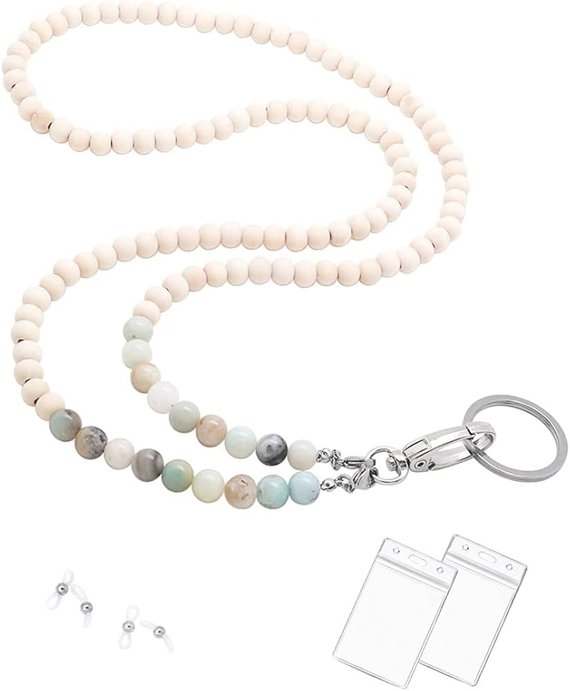 C&L Accessories Lanyards for ID Badges, Beaded Wooden Natural Stone Lanyard for Keys Eyeglass Hol... | Amazon (US)