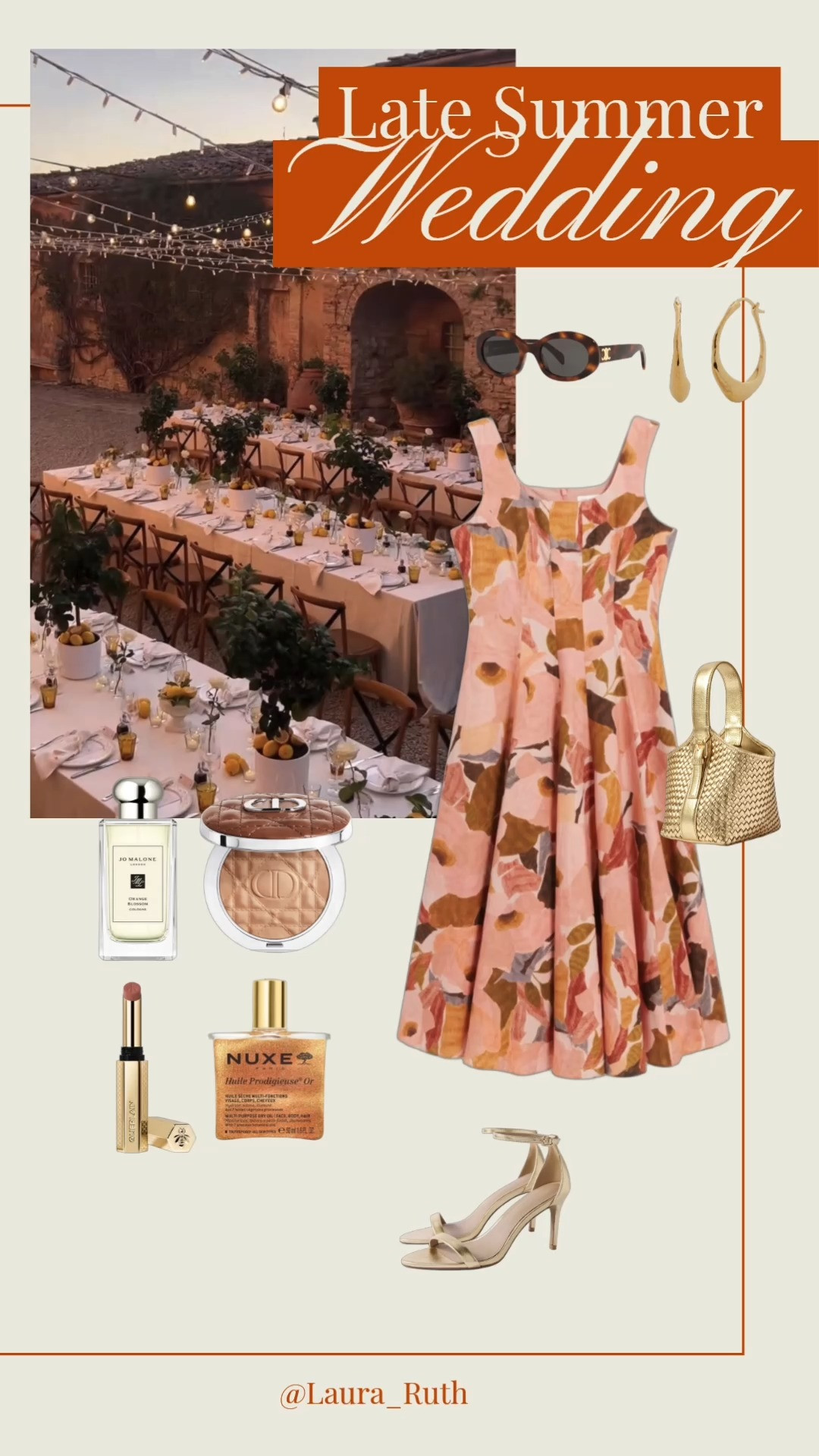 Tuscan Sunset Wedding Guest Dress 🍊🤎✨ A little orange, a little chocolate brown, and all the golden hour energy. Paired with gold accessories and Jo Malone Orange Blossom for the perfect summer wedding guest look. fall wedding guest dresses 

 #LTKuk #LTKwedding #LTKdresses