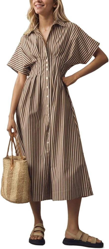 Ladyful Women's Button Down Shirt Dress Short Sleeve Elegant Midi Dress Work Party Wedding Guest ... | Amazon (US)