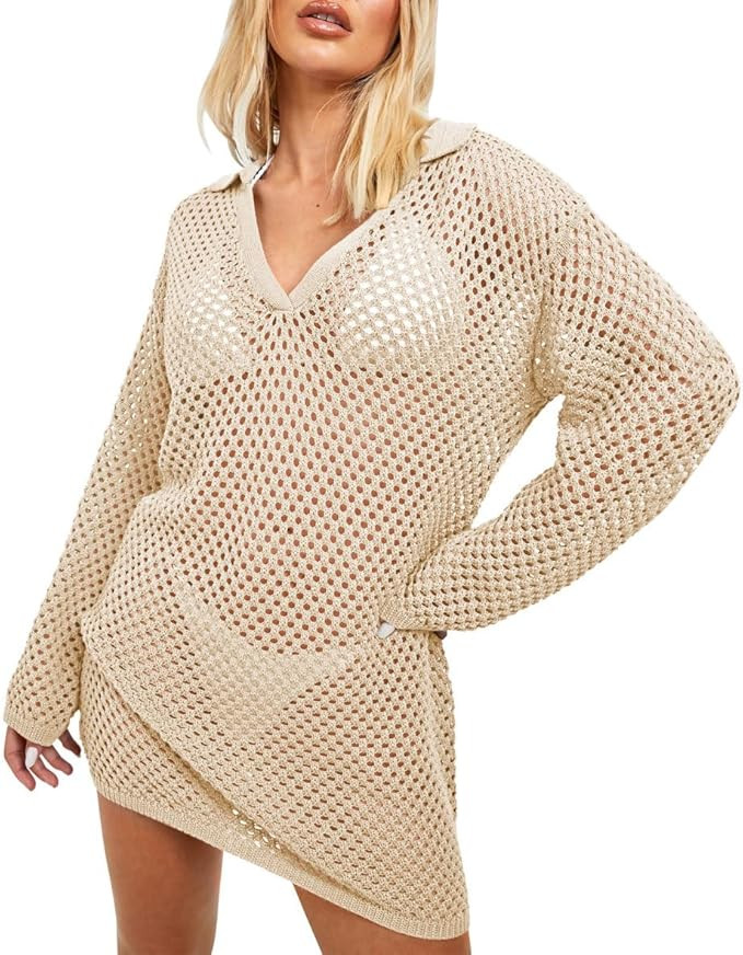 Pink Queen Crochet Swimsuit Cover Up for Women 2024 Sexy Hollow Out Bikini Bathing Suit Coverup K... | Amazon (US)