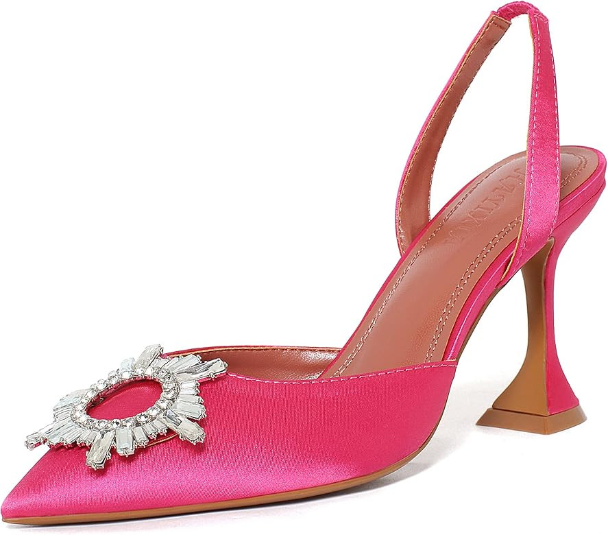 Women's High Heeled Sandals Pointed Toe Crystal Satin Rhinestone Backless Slingback Stiletto Slip On | Amazon (US)
