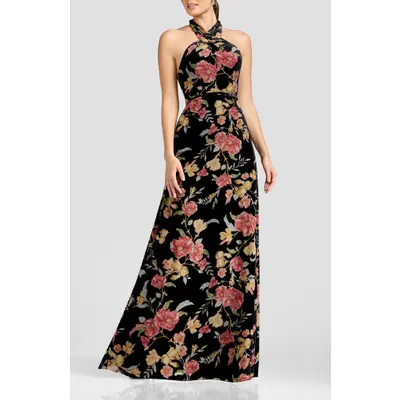 Dress the Population Brighton Floral Burnout Velvet Halter Gown in Black Multi at Nordstrom, Size Xx-Large | Nordstrom