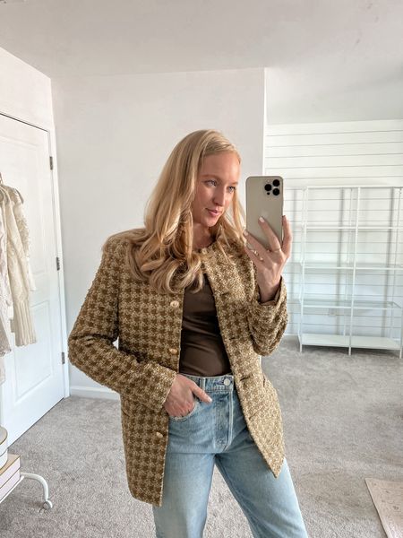 This tweed blazer can be worn to work or styled more casually like I did here. Layer a faux leather bodysuit (m) underneath for a different texture. 

#LTKunder100 #LTKworkwear #LTKstyletip