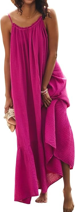 R.Vivimos Women's Summer Cotton Maxi Dress Adjustable Spaghetti Strap Boho Casual Backless Ruffle... | Amazon (US)