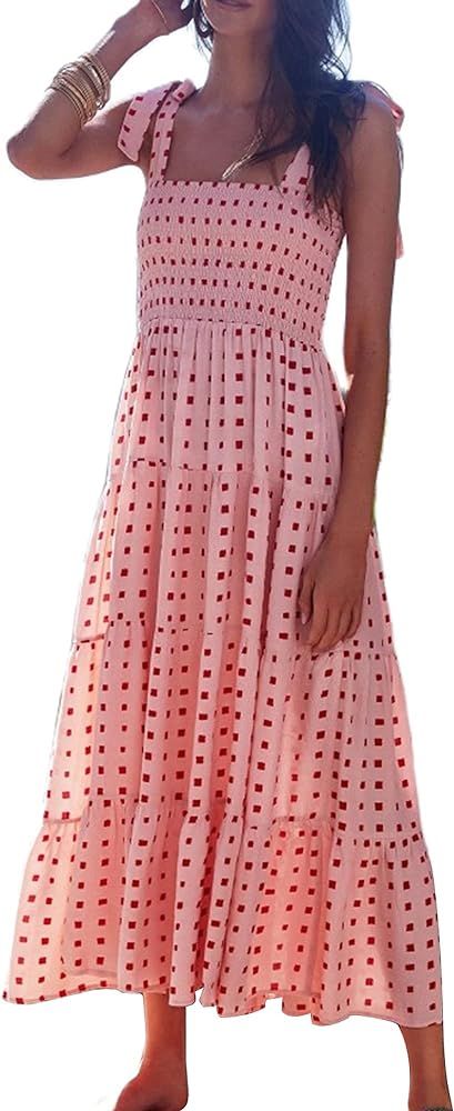 Women's Summer Boho Spaghetti Strap Square Neck Floral Ruffle A Line Beach Long Maxi Swing Dress ... | Amazon (US)