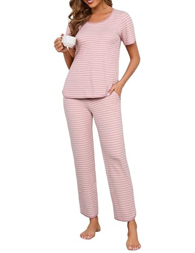 Namatime Womens Pajama Sets Cotton 2 Piece Lounge Set Stripe Short Sleeve Pj Set Comfy Loungewear Sleepwear with Pockets Summer Sleep Wear 2025 Pink Wide Stripe Small | Amazon (US)