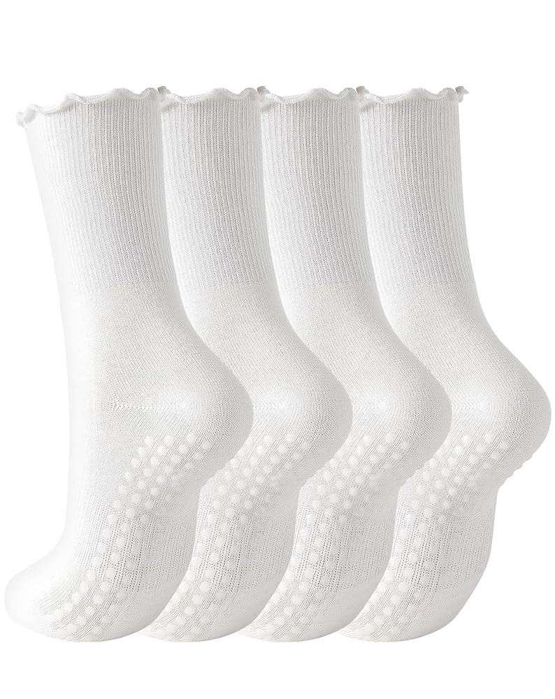 Yawlsow 4 Pairs Pilates Grip Socks for Women Cute Ruffle Frilly Yoga Socks Non Slip Cotton Crew S... | Amazon (US)