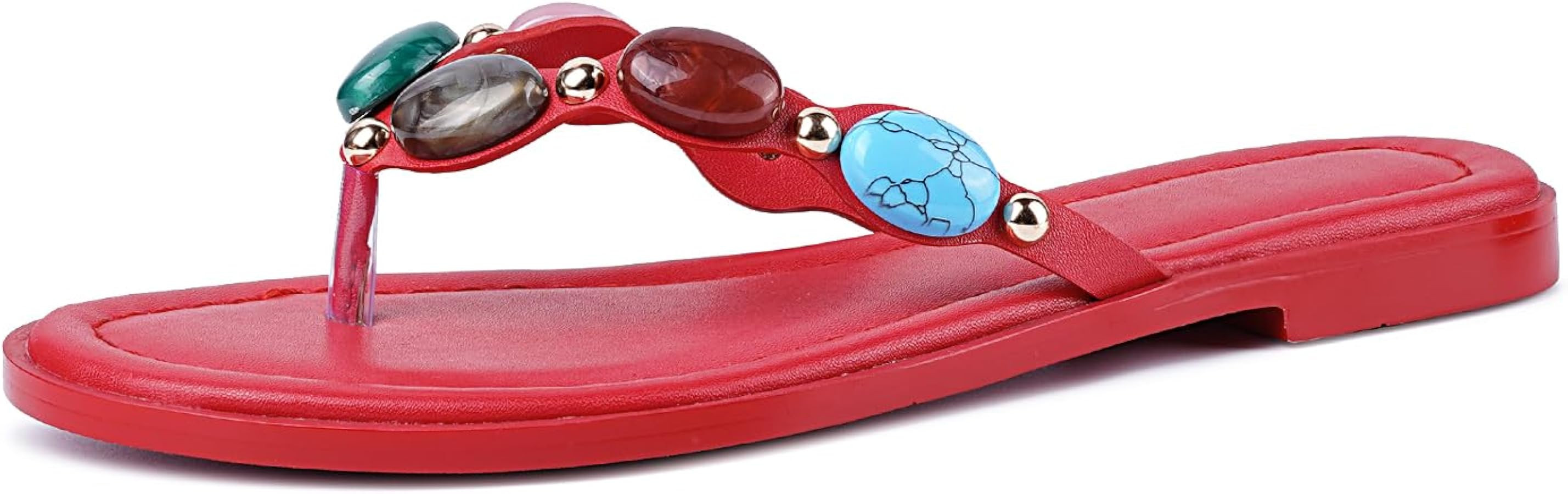 DREAMSTORY Womens Jeweled Flip Flops Flat Sandals with Cute Gems Open Round Toe Comfortable Slip ... | Amazon (US)