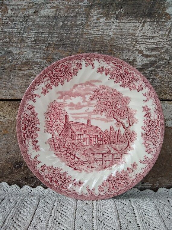 Churchill, Red Transferware Dinner Plate, 10", "England Brook", Pink, Made in England, English Co... | Etsy (US)