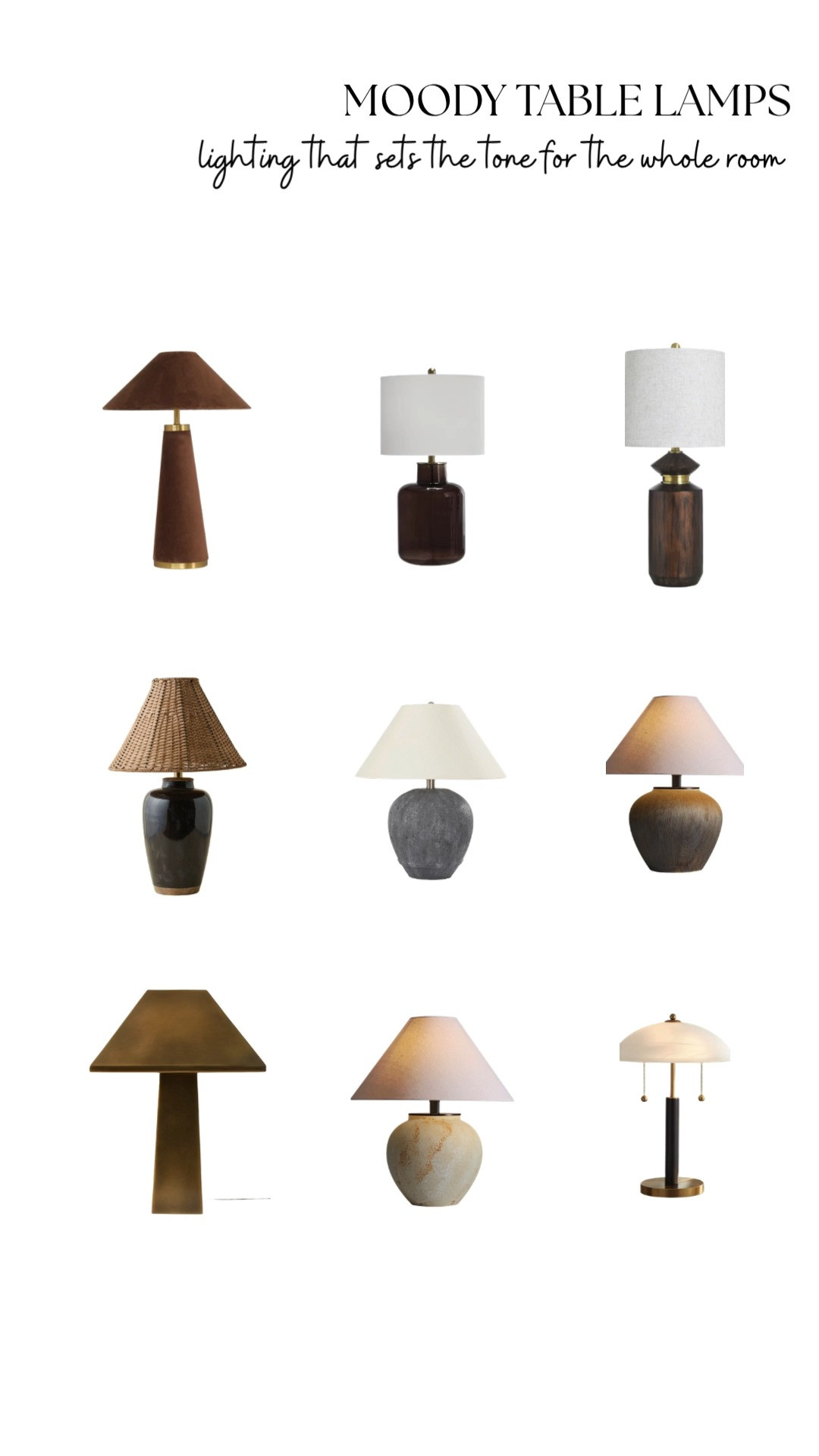 These moody table lamps are the kind of pieces that quietly change the entire feeling of a room. Warm lighting, rich materials, aged brass finishes, dark ceramics, and soft linen shades instantly make a space feel more layered, collected, and cozy. I rounded up some of my favorite designer-inspired table lamps that work beautifully in traditional homes, moody bedrooms, collected living rooms, and heritage-inspired spaces — all with that warm glow that makes a home feel lived in and inviting.

moody table lamps, designer inspired lighting, warm lamp lighting, moody home decor, traditional table lamps, collected home style, heritage inspired interiors, cozy lighting ideas, dark wood decor, brass table lamp, ceramic lamp styling, english cottage decor, warm neutral interiors, elevated rustic decor, designer look for less, living room lighting ideas, bedroom table lamps, cozy home aesthetic, ambient lighting decor, moody traditional interiors 

 #LTKHome