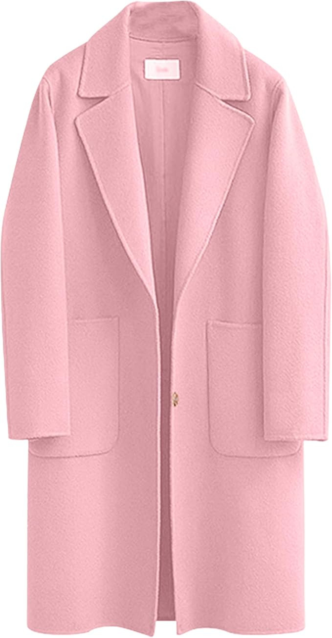 Omoone Women's Notched Lapel Wool Coats Mid Long Button Pea Coats Warm Thicken Trench Jacket | Amazon (US)