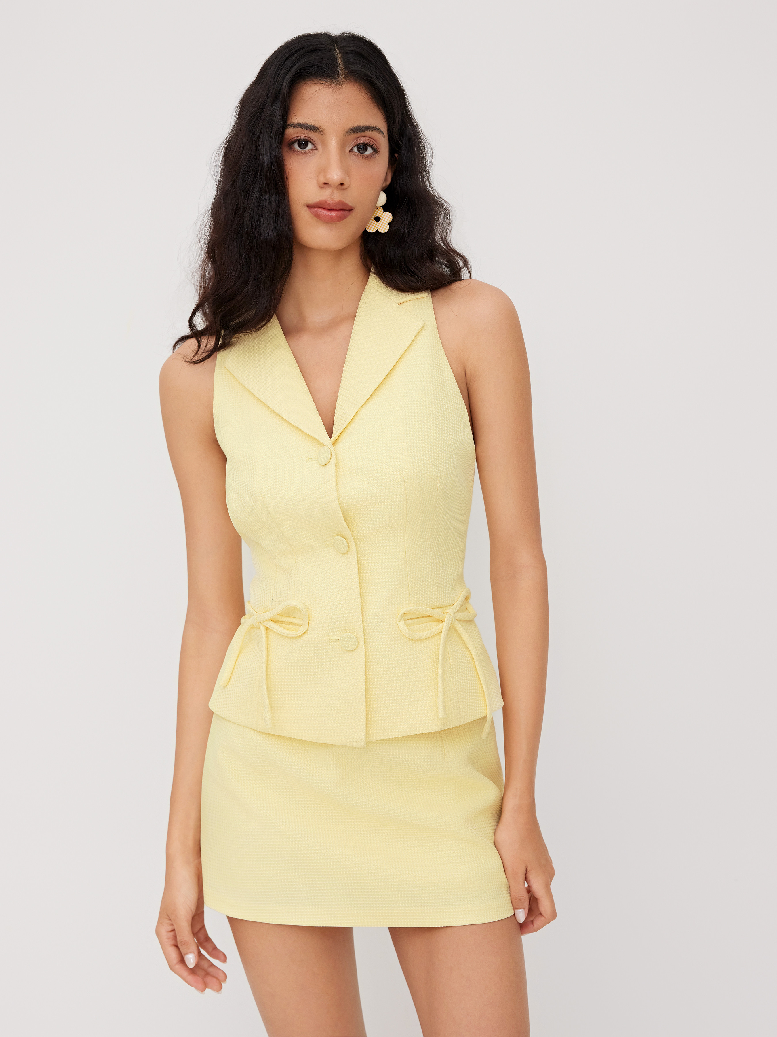 Jacquard Jacquard Collar Bowknot Vest & Mid Rise Mini Skirt Set For Daily Casual | Cider