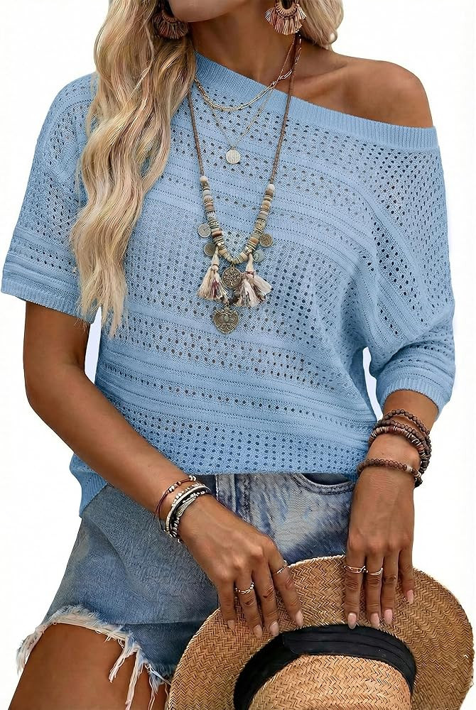 Arach&Cloz Womens Summer Linen Blend Crochet Tops Relaxed Fit Short Sleeve Sweater Boho Shirts Va... | Amazon (US)