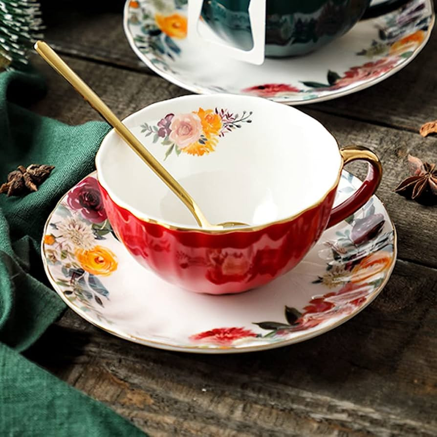 Red Tea Cup and Saucer,Porcelain Coffee Cup Royal Ceramic Floral Lined Design Teacup with Gold Tr... | Amazon (US)