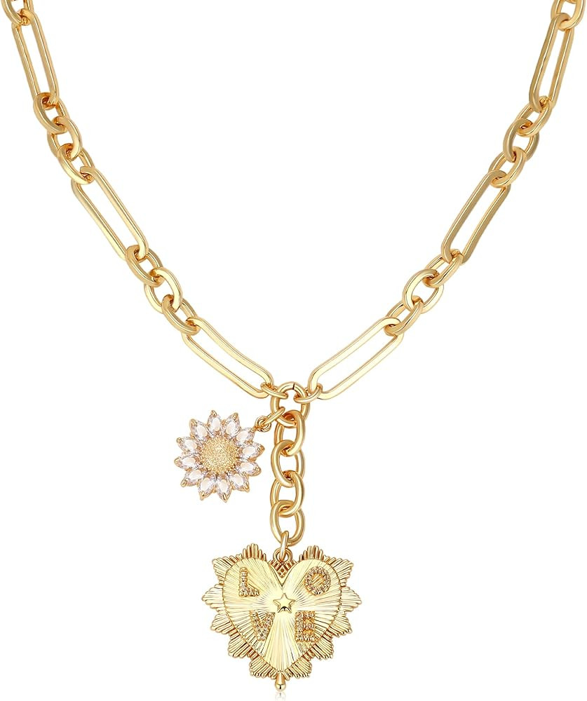 MISS RIGH Chunky Gold Sunflower Sun Love Heart Charm Necklace Choker for Women Trendy 18K Gold Pl... | Amazon (US)
