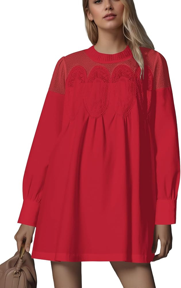 Women Floral Lace Crochet Mesh Mini Dress Long Sleeve Crew Neck Ruffle Pleated A Line Short Dress | Amazon (US)