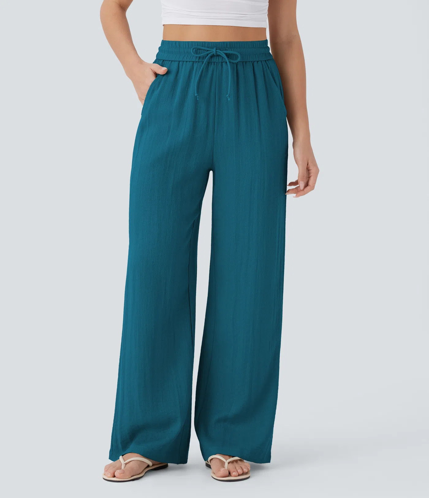 Women’s High Waisted Drawstring Pocket Wide Leg Baggy Casual Linen-Feel Pants - Halara | HALARA