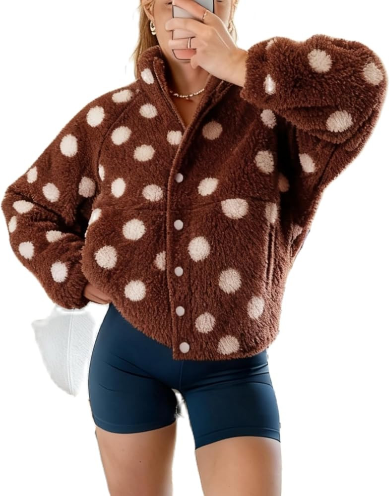 Women Cute Sherpa Fleece Jackets Fuzzy Button Up Polka Dot Cropped Going Out Jacket Loose Teddy O... | Amazon (US)