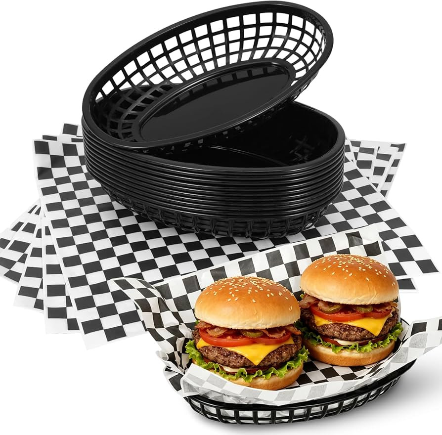 Rainmae Plastic Food Baskets with Parchment Paper Liners, 12 Fast Food Baskets with 100 Deli Pape... | Amazon (US)