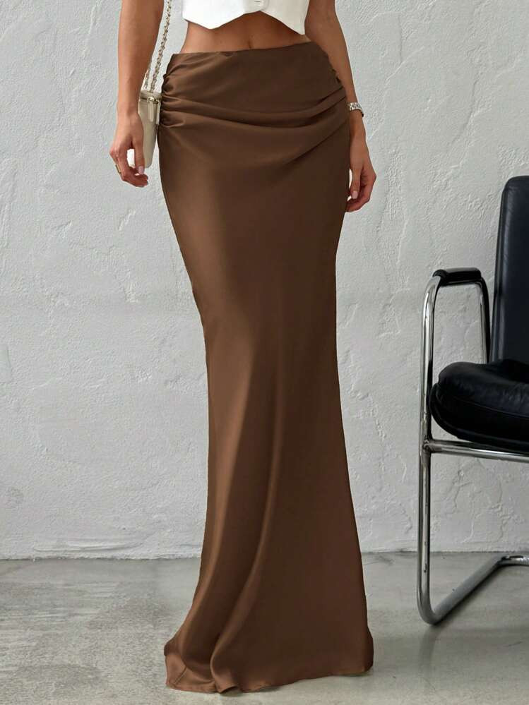 Firerie Women's Elegant Minimalist Romantic Date/Office Versatile Solid Color Satin Maxi Skirt, Apricot, Autumn/Winter | SHEIN