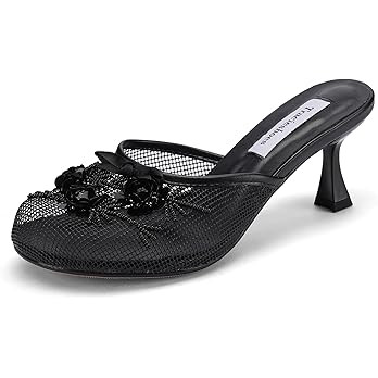 Women's Mesh Mule Slip On Sandals With Floral Sequin Embellishments Round Toe Middle Heel Slides ... | Amazon (US)