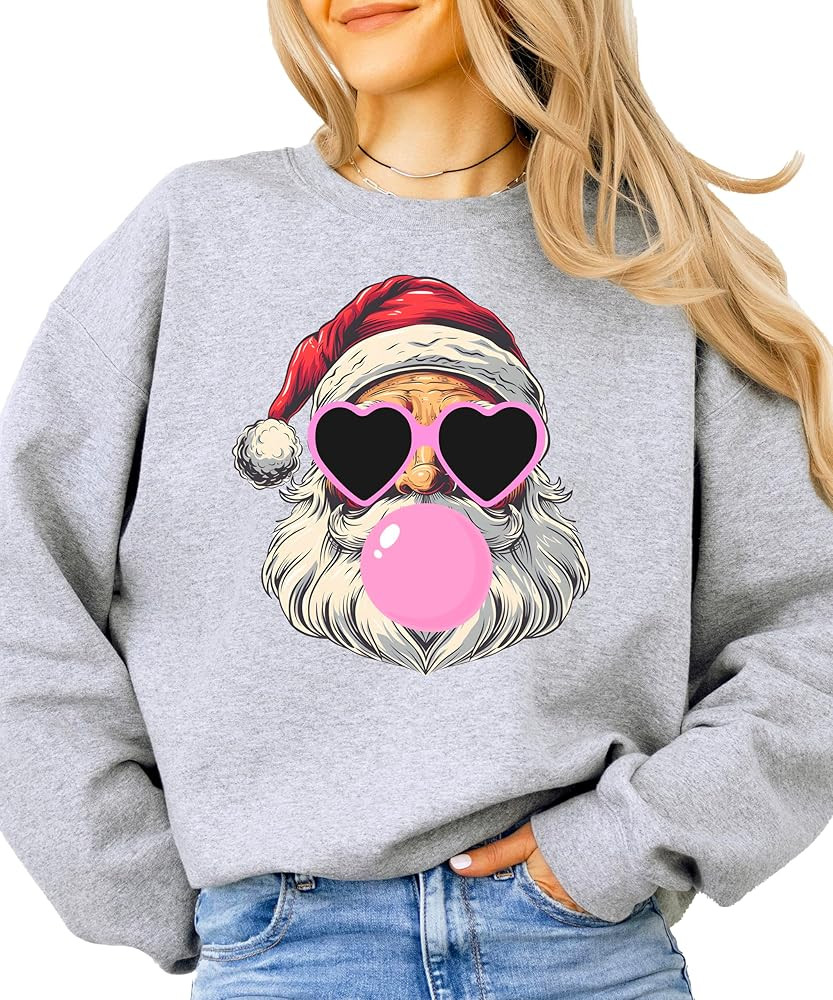 Olive Loves Apple Santa Blowing Pink Bubble Gum Sweatshirt Cool Santa Claus in Pink Heart Sunglas... | Amazon (US)