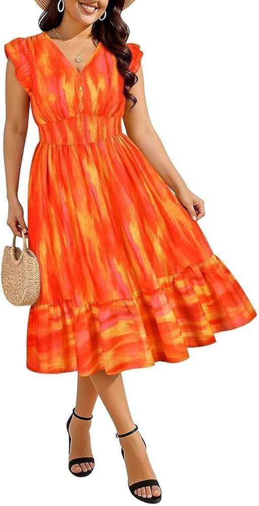 RITERA Womens Plus Size Summer Dresses V Neck Boho Floral Midi Dress Ruffle Sleeve Smocked Casual... | Amazon (US)