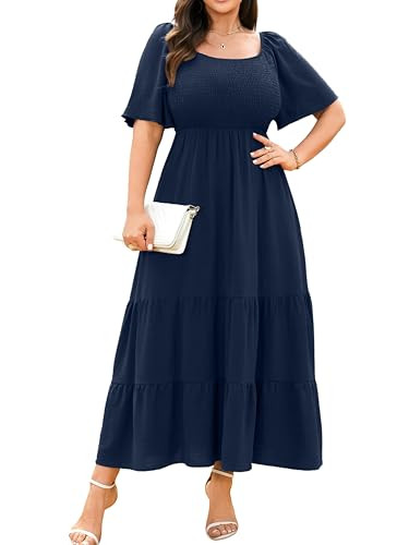 RWJ Women's 2026 Plus Size Summer Dress Short Sleeve Smocked Boho Wedding Guest Beach Vacation Fl... | Amazon (US)