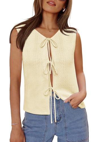Yousify Summer Tie Front Tops for Women 2025 Beige Sleeveless Crochet Knit Tie Front Sweater Vest | Amazon (US)