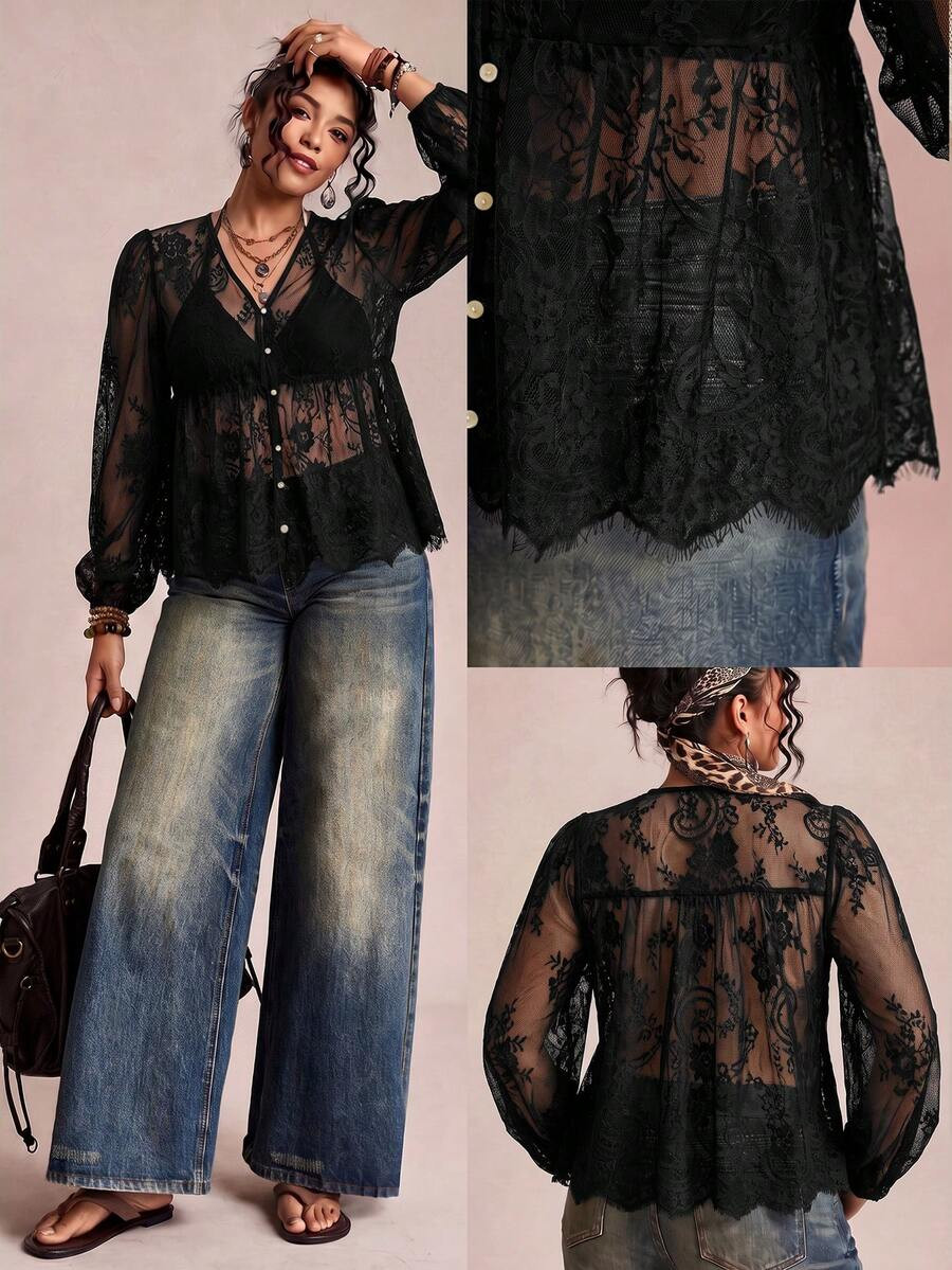 Freevana Women's Lace Shell Button Sheer Blouse Plus Size Loose Elegant Eleganza Daily Street Wea... | SHEIN