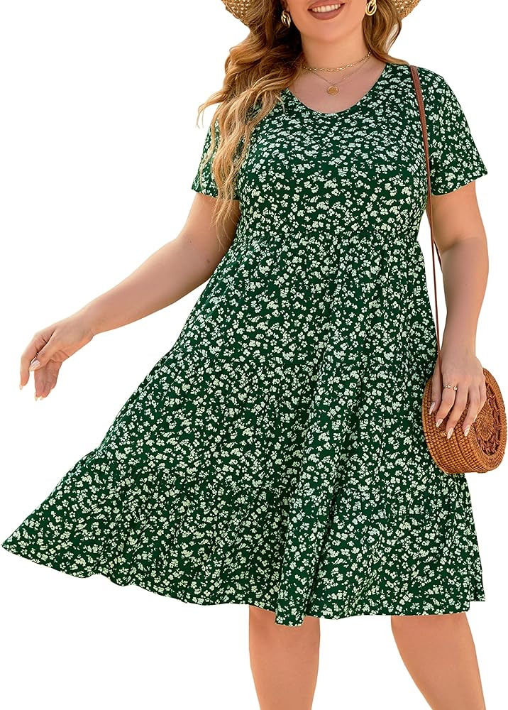 Younrui Women's Plus Size Casual Summer Tiered Dresses Short Sleeve Scoop Neck Ruffle Hem Loose F... | Amazon (US)