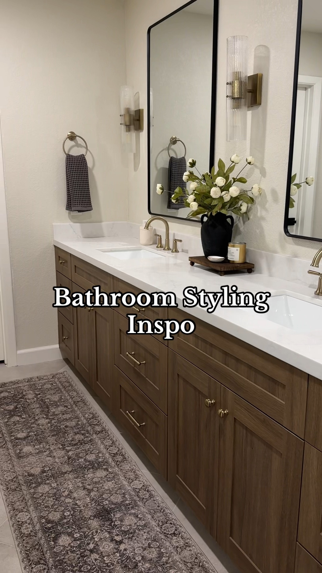 Master bathroom styling inspo! Our primary bathroom is almost complete so I’m showing you everything I used to style the space! Next up, art! 
•••
Bathroom decor, master bathroom decor, primary bathroom decor, bathroom counter styling, bathroom runner, runner rug, bathroom rug, bathroom stool, bathtub stool, bath salt jar, bathroom sconces, champagne bronze, delta champagne bronze 

#LTKHome #LTKFindsUnder50 #LTKStyleTip