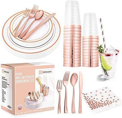 SIRSIMON 250 Piece Disposable Rose Gold Plastic Dinnerware Set - 50 Rose Gold Plastic Plates - 25... | Amazon (US)