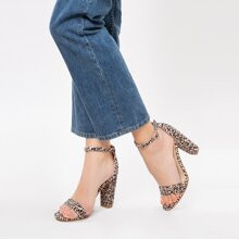 Ruched Cheetah Fabric Buckled Block Heel Sandals | SHEIN