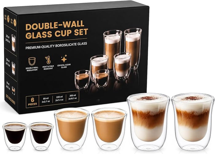 Hushee 6 Pcs Double Wall Glasses Set, 3 & 7.4 & 10 oz Espresso Cappuccino Latte Cups, Borosilicat... | Amazon (US)