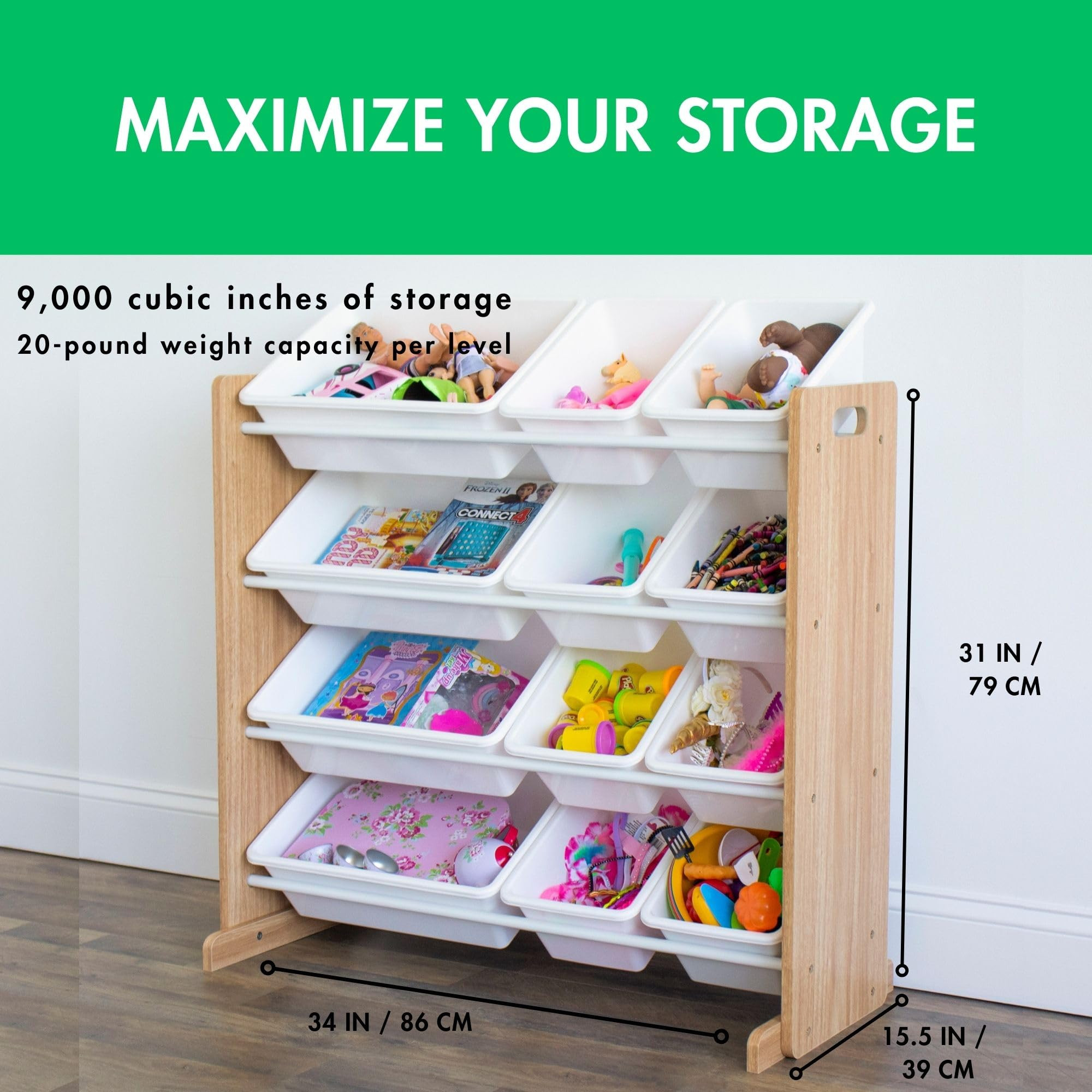 Humble Crew Kids Toy Storage Organizer with 12 Plastic Bins, Natural Wood/White – Removable Bin... | Amazon (US)