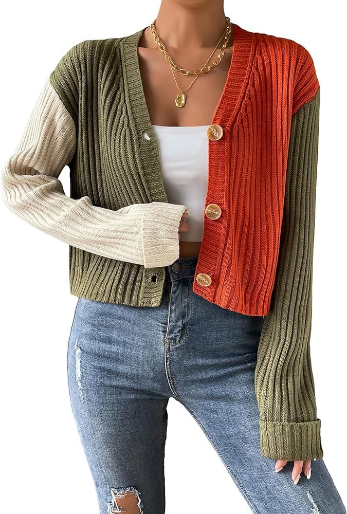 Women's Long Sleeve Button Front V Neck Casual Crop Cardigan Sweater | Amazon (US)