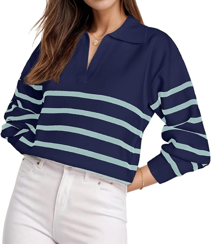 GRECERELLE 2024 Sweaters for Women Trendy Long Sleeve V Neck Striped Sweater Women Winter Chunky ... | Amazon (US)
